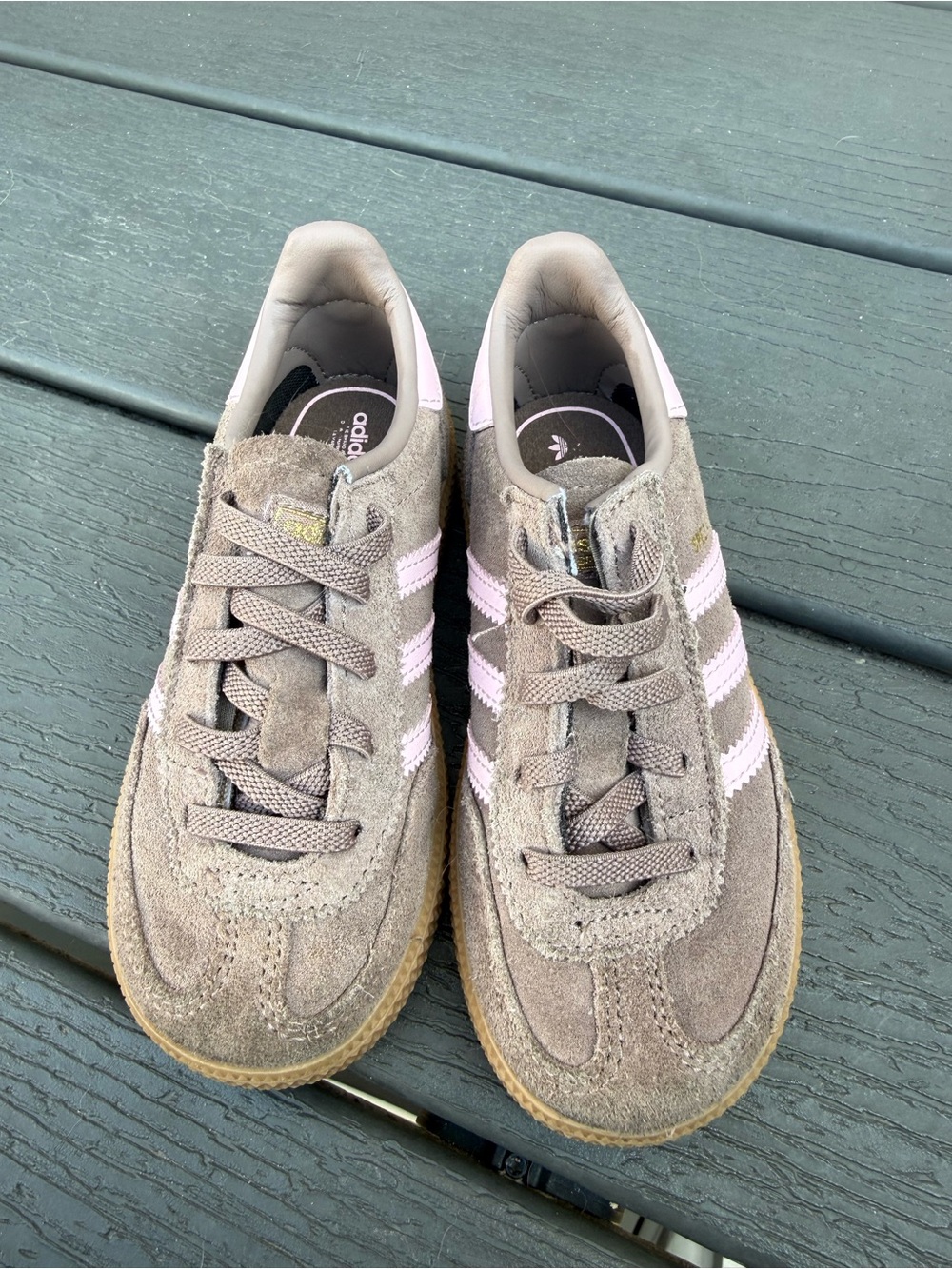 adidas Taupe Suede Sneakers with Light Pink Stripes